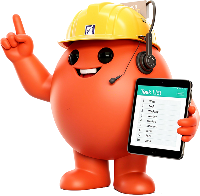 OpenClaw-Maskottchen mit gelbem Bauhelm, hebt mahnend einen Finger, hält ein Tablet mit Task-Liste.